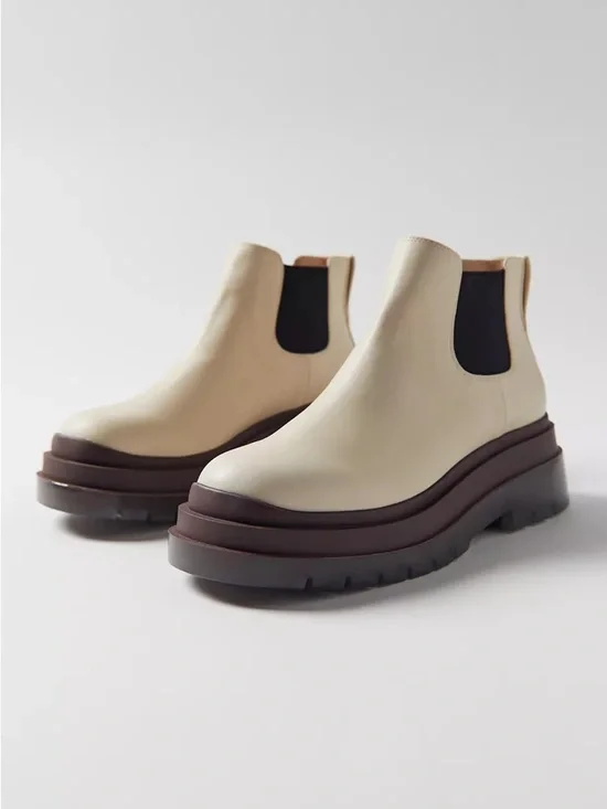 UO Urban Outfitters Cream & Brown Dana Short Chelsea Boot Chunky Platform - 9 - Picture 2 of 11